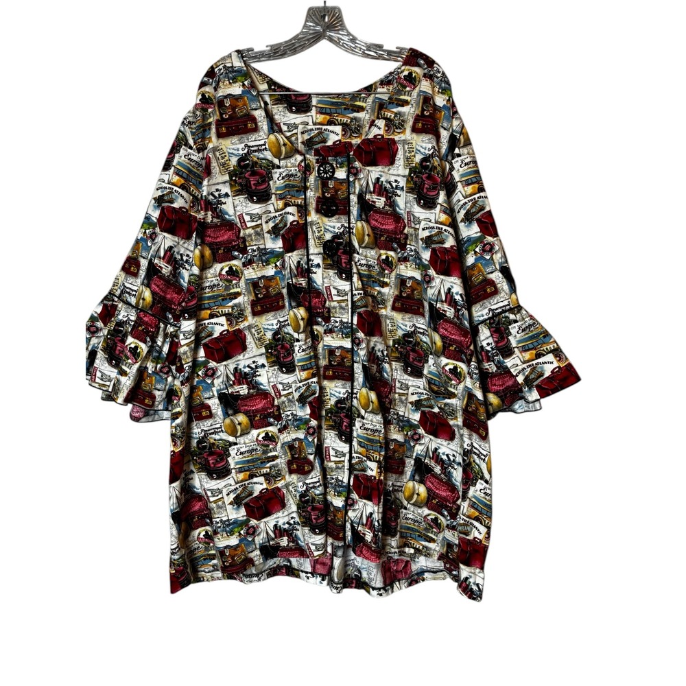 Vintage Travel Theme Tunic Top Blouse Bell Sleeve Novelty Print Plus Size